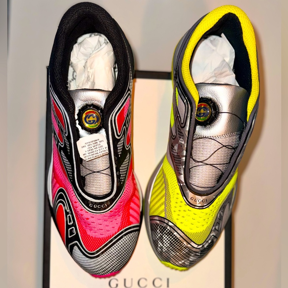 Gucci Mens Ultrapace R " Mismatched Neon yellow pink" GG Sample Sneakers- NWB